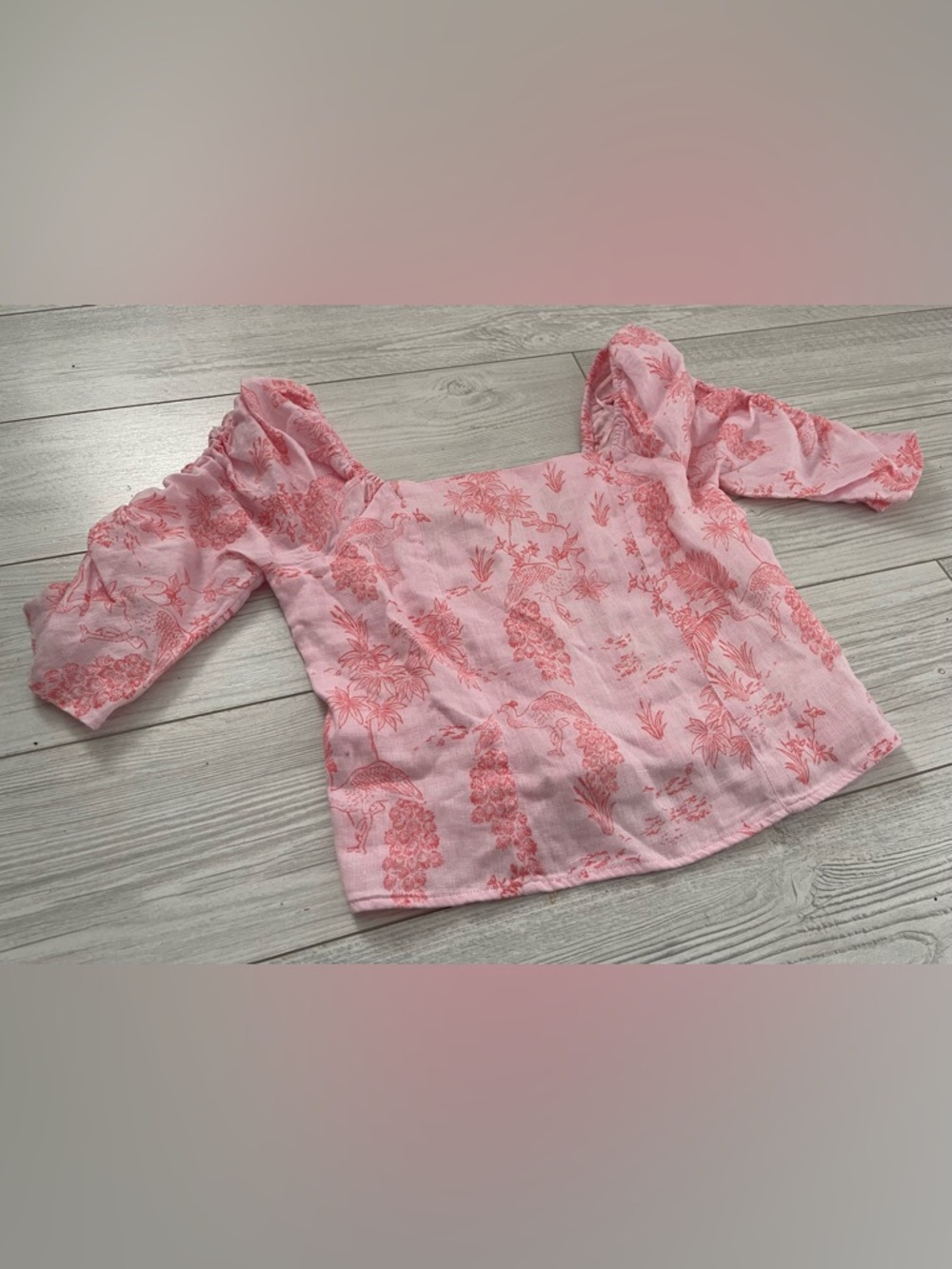 Cynthia Rowley 100% Flax Linen Toile Print Top Puff Sleeves Size S